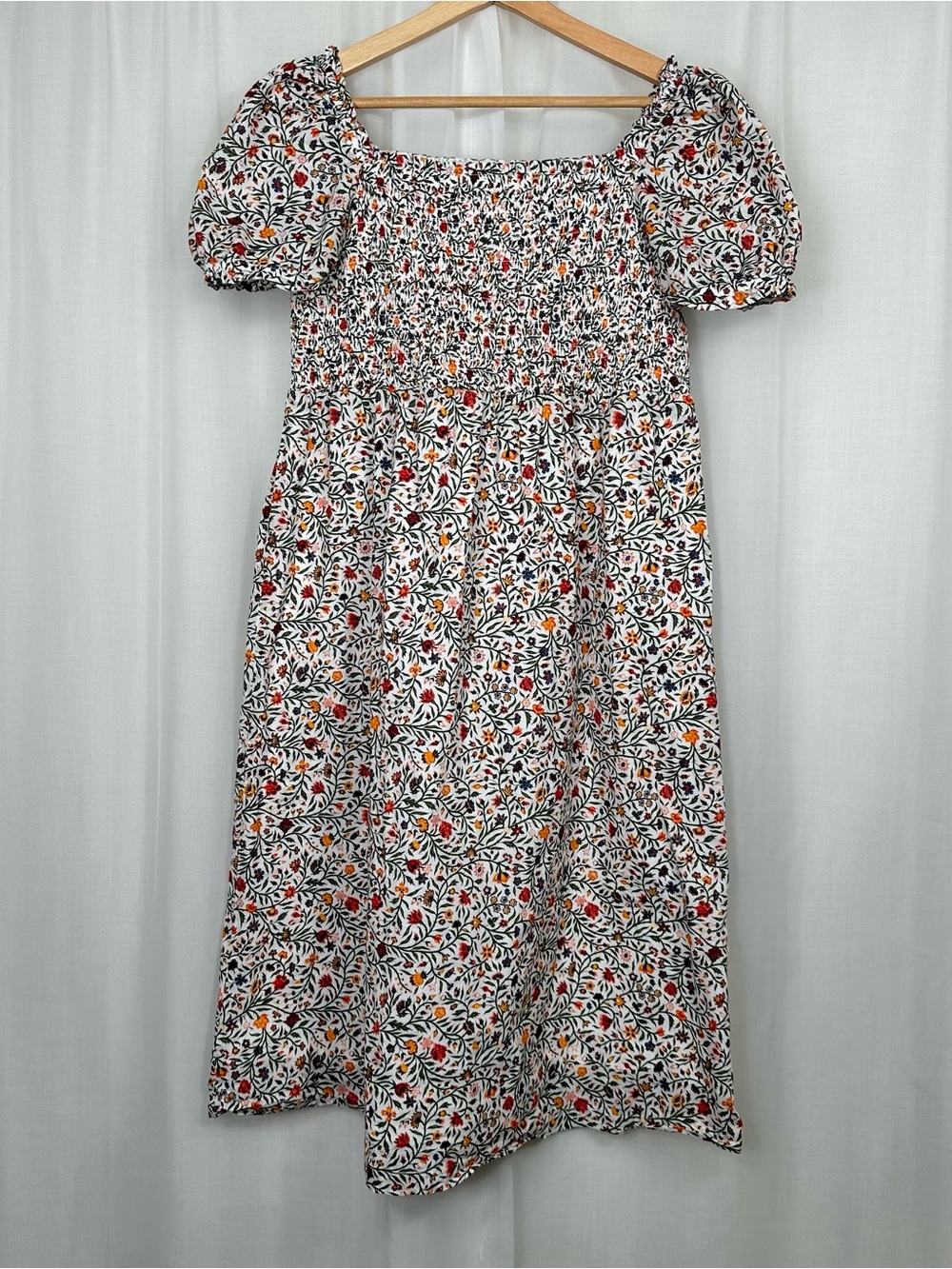 Ann Taylor Factory Floral Smocked Puff Sleeve Midi Dress Size L Garden Cottage